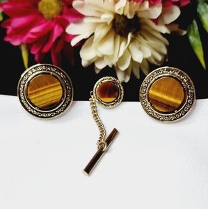 1950s Dante Tigers Eye Cufflinks and Tie Pin Set